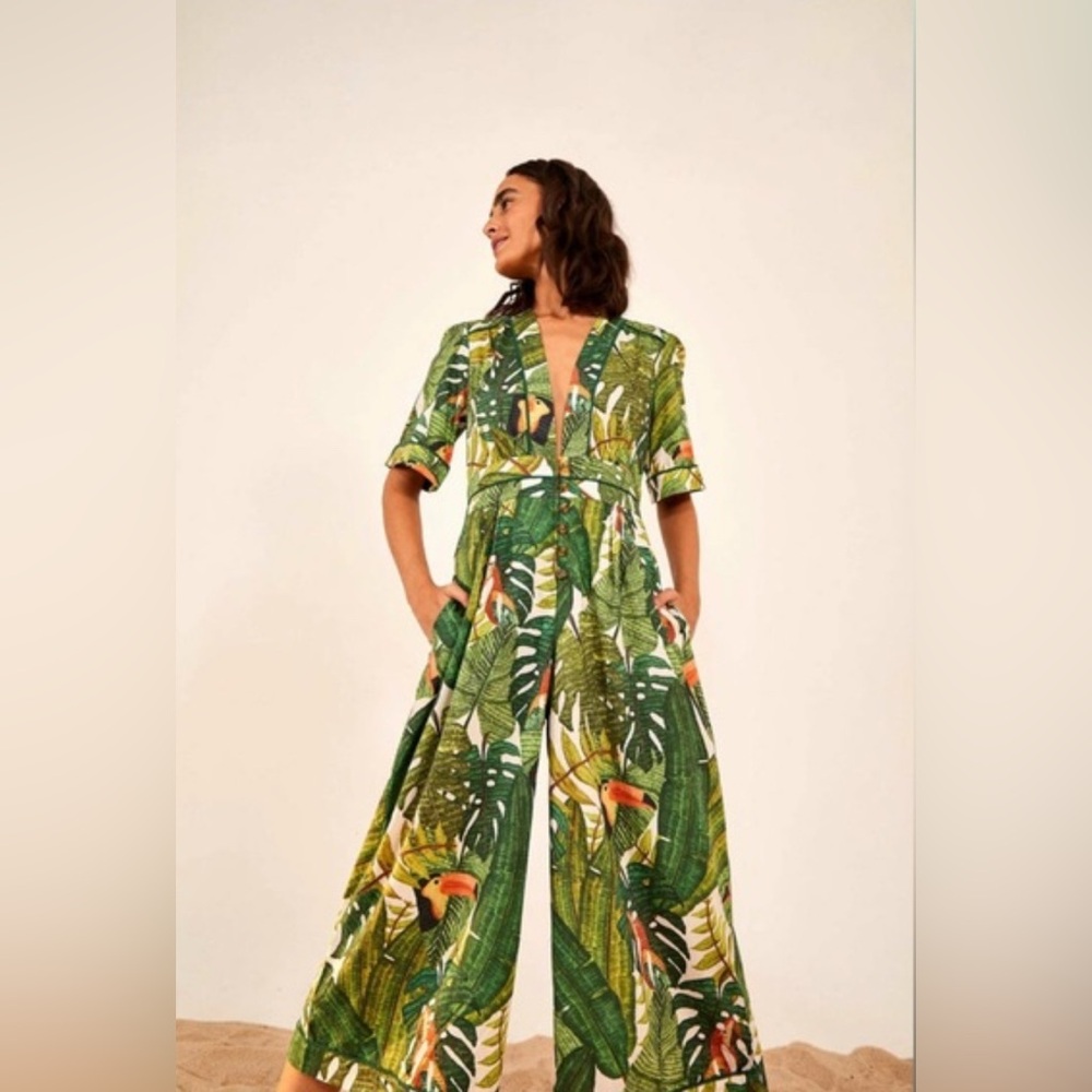 FARM Rio Green Tropical Print Wide-Leg Jumpsuit